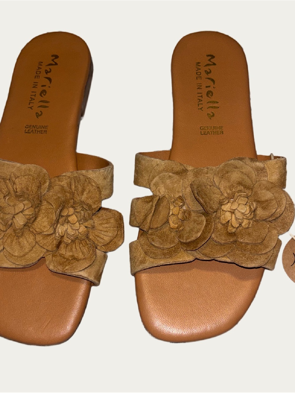 Mariella Tan Suede Floral Slide Sandals